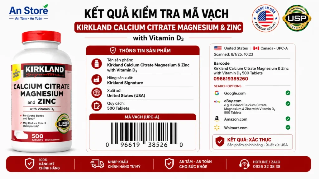 Canxi Hữu Cơ Kirkland Do An Store Cung Cấp Luôn Có Mã Vạch Chuẩn Mỹ UPC-A