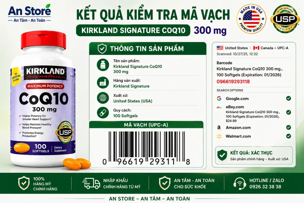 Bổ Tim Kirkland CoQ10 300mg Do An Store Cung Cấp Luôn Có Mã Vạch Chuẩn Mỹ UPC-A