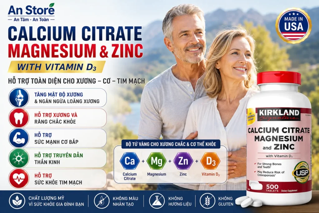 Canxi Hữu Cơ Kirkland Calcium Citrate Magnesium and Zinc Của Mỹ Lọ 500 Viên