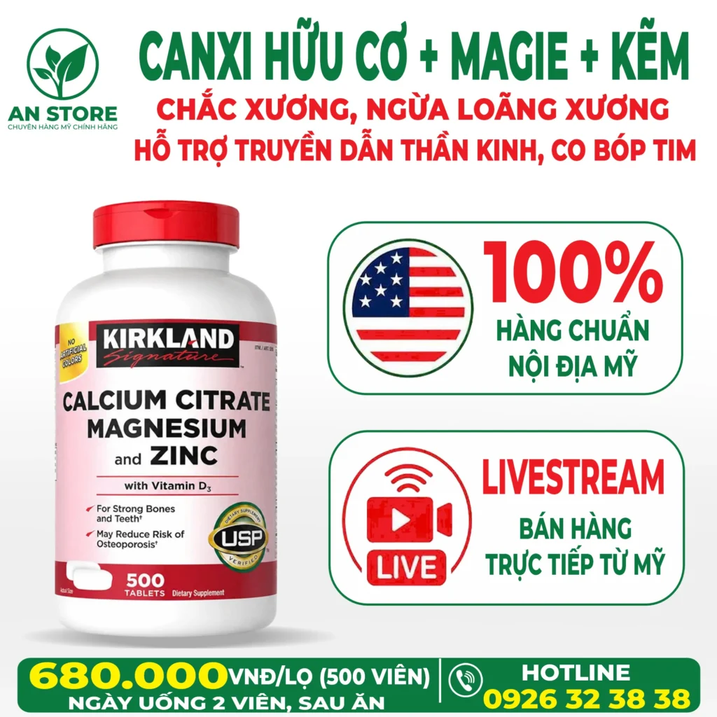 Canxi Hữu Cơ Kirkland Calcium Citrate Magnesium And Zinc With Vitamin D3 Của Mỹ