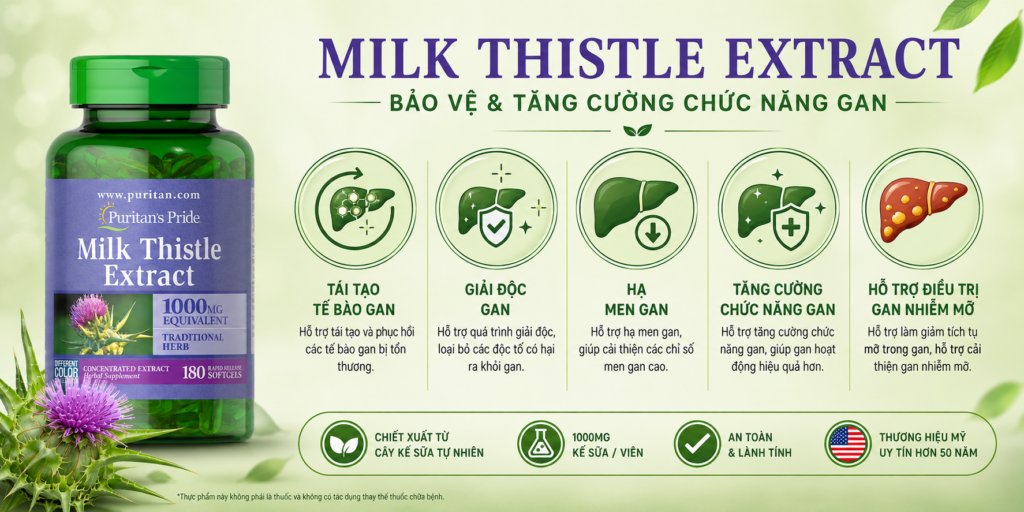 Viên Uống Milk Thistle Extract 1000mg Giúp Tăng Cường Chức Năng Gan Hạ Men Gan Hiệu Quả