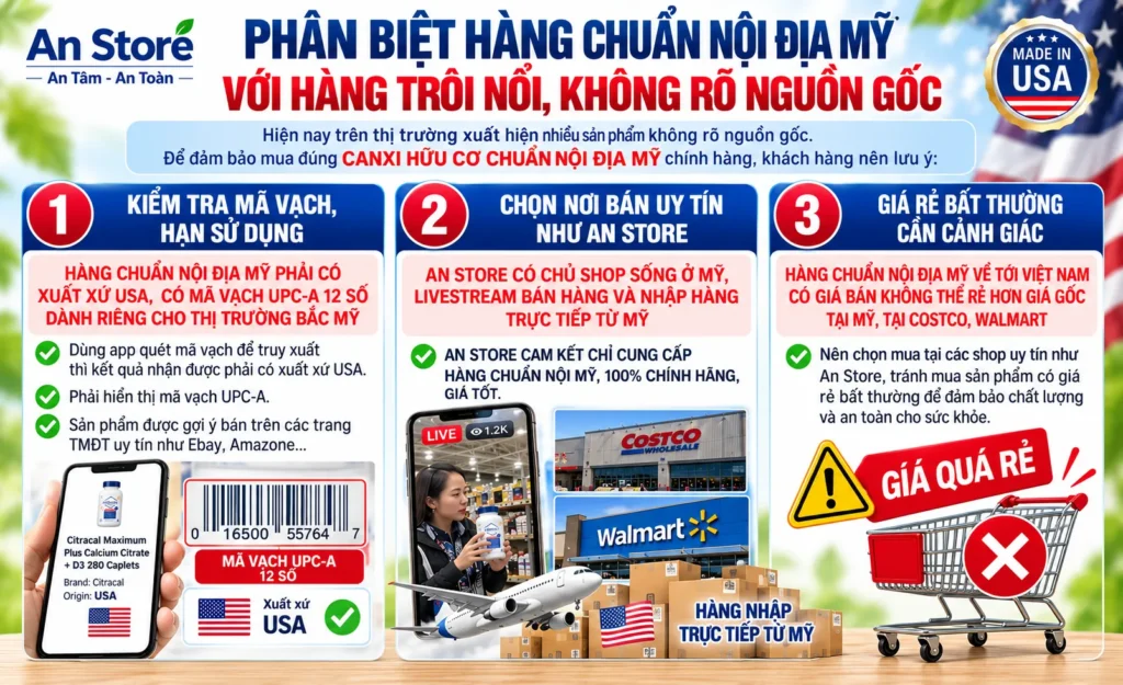 Phân Biệt Canxi Hữu Cơ Chuẩn Nội Địa Mỹ Với Hàng Trôi Nổi, Không Rõ Nguồn Gốc