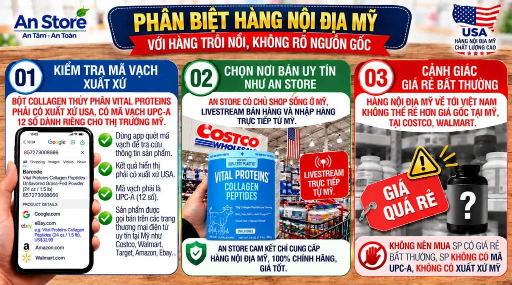 Phân Biệt Bột Collagen Vital Proteins Collagen Peptides 680g Nội Địa Mỹ Với Hàng Trôi Nổi, Không Rõ Nguồn Gố