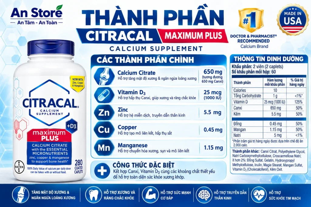 Thành Phần Canxi Hữu Cơ Citracal Maximum Plus 280 Viên Của Mỹ