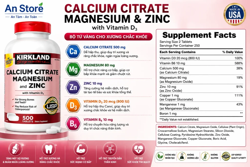 Thành Phần Viên Uống Canxi Hữu Cơ Kirkland Calcium Citrate Của Mỹ