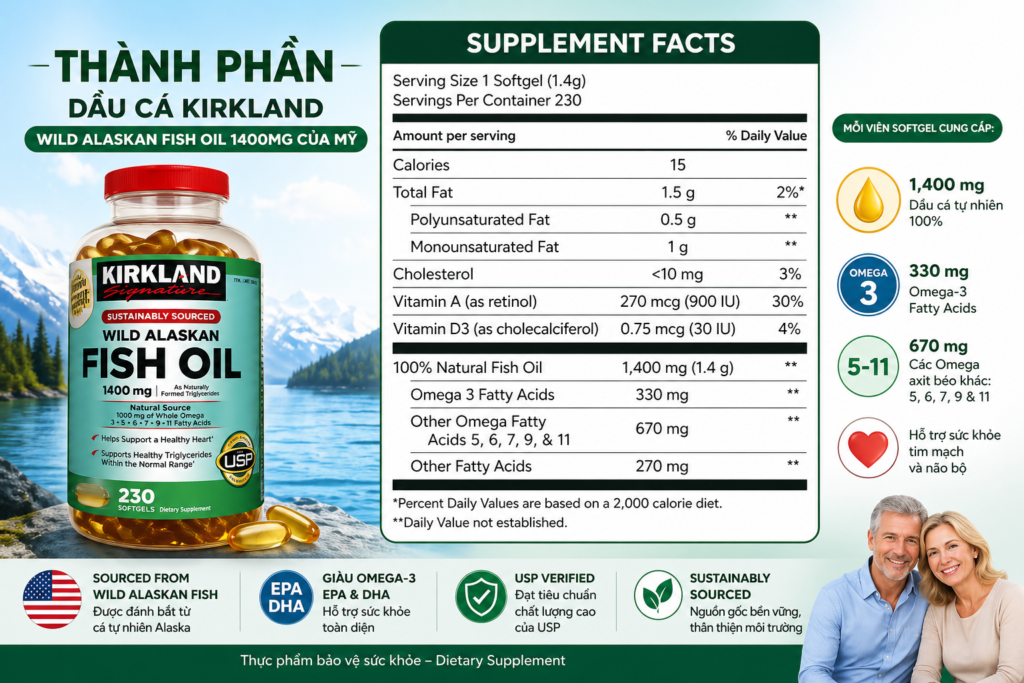 Thành Phần Dầu Cá Kirkland Wild Alaskan Fish Oil 1400mg Của Mỹ
