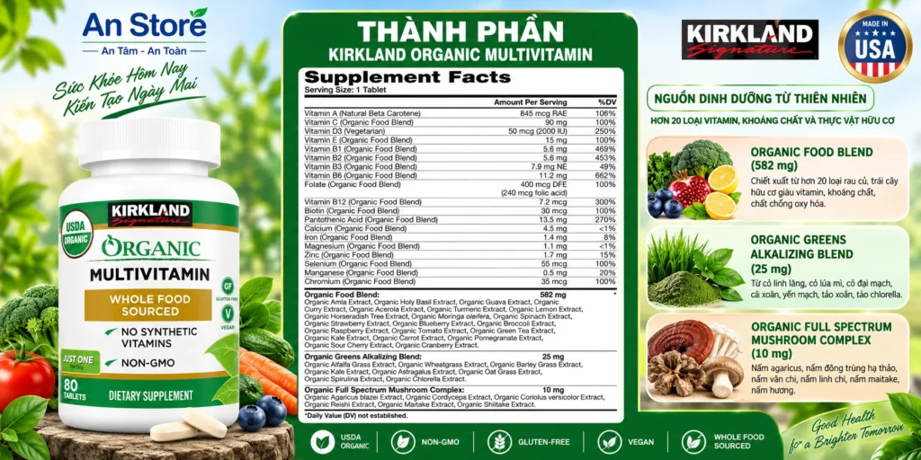 Thành Phần Dinh Dưỡng Trong Vitamin Tổng Hợp Hữu Cơ Kirkland 80 Viên