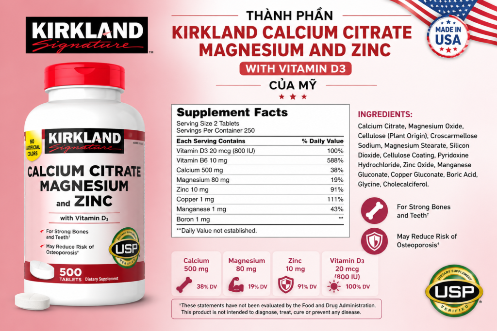 Thành Phần Kirkland Calcium Citrate Magnesium and Zinc With Vitamin D3 Của Mỹ