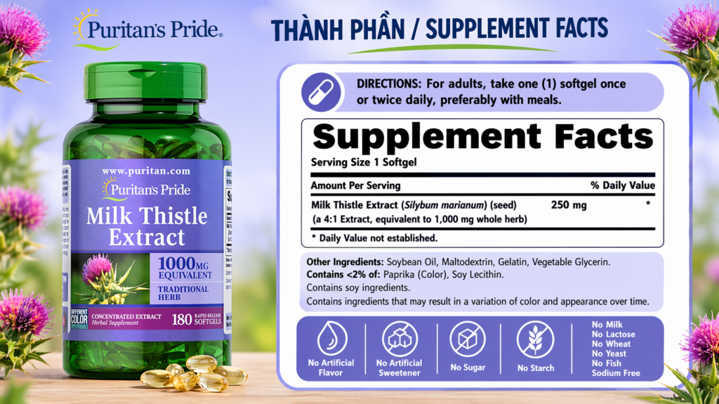Thành Phần Thuốc Bổ Gan Puritan's Pride Milk Thistle Extract 1000mg