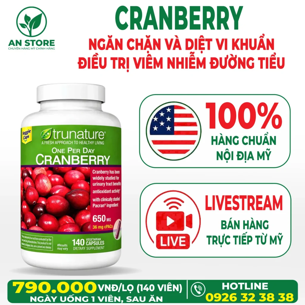 Viên Uống Trị Viêm Đường Tiết Niệu Trunature Cranberry 650mg Của Mỹ