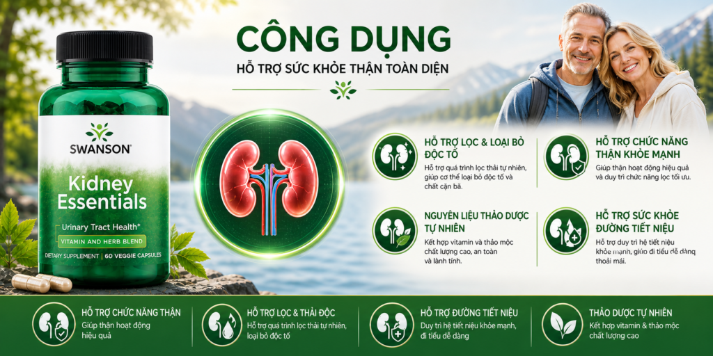 Công Dụng Thuốc Bổ Thận Swanson Kidney Essentials Hỗ Trợ Giảm Tiểu Đêm Đau Lưng