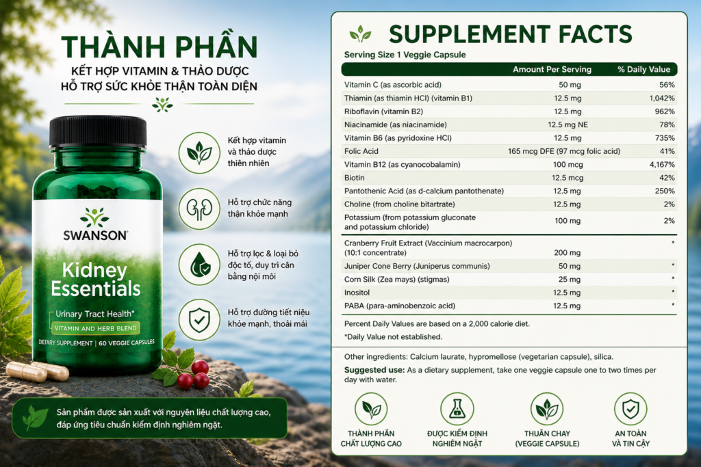 Thành Phần Thuốc Bổ Thận Swanson Kidney Essentials Của Mỹ