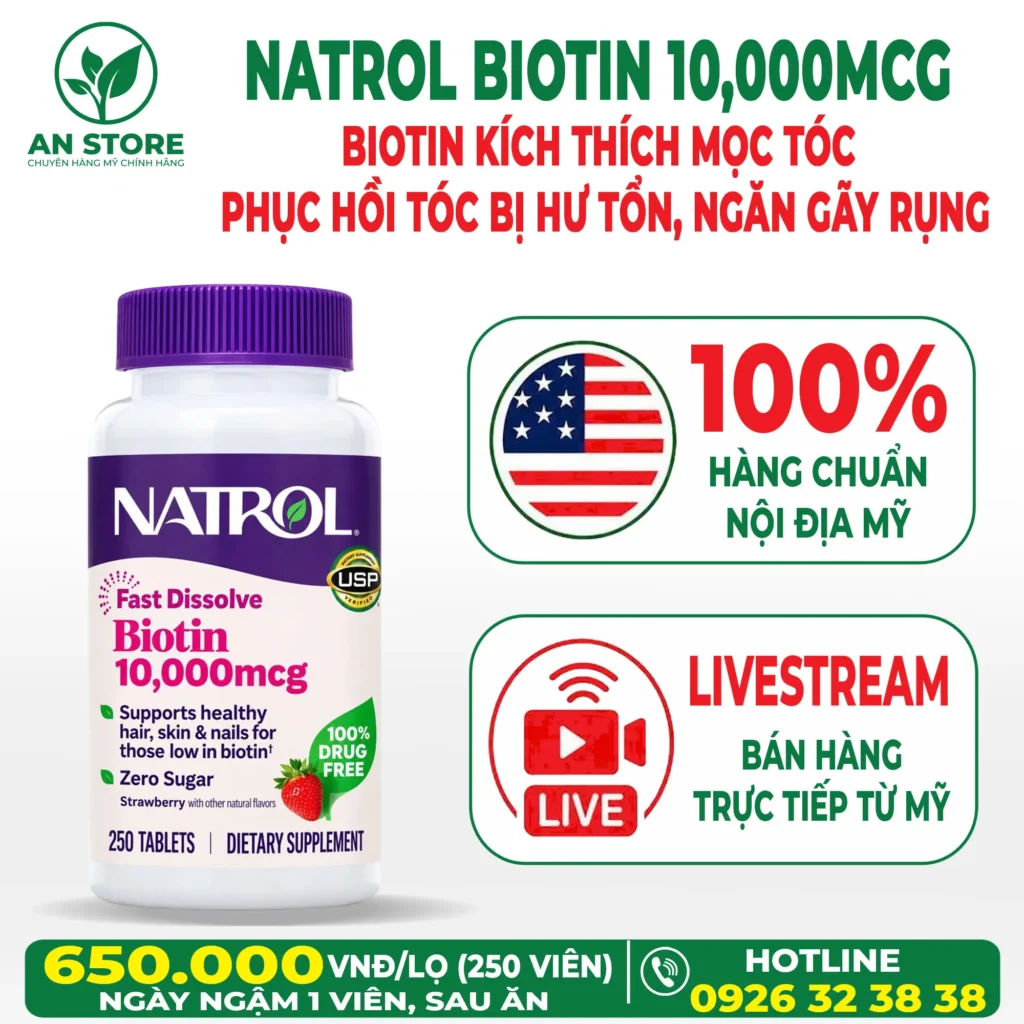 Viên Ngậm Kích Thích Mọc Tóc Natrol Biotin 10000mcg Của Mỹ
