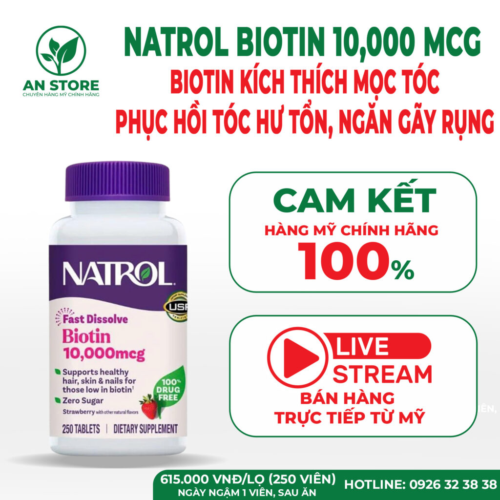 Viên Ngậm Mọc Tóc Natrol Biotin 10000 mcg Của Mỹ