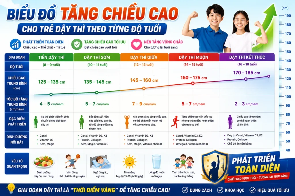 Biểu đồ tăng chiều cao cho trẻ dậy thì theo từng độ tuổi