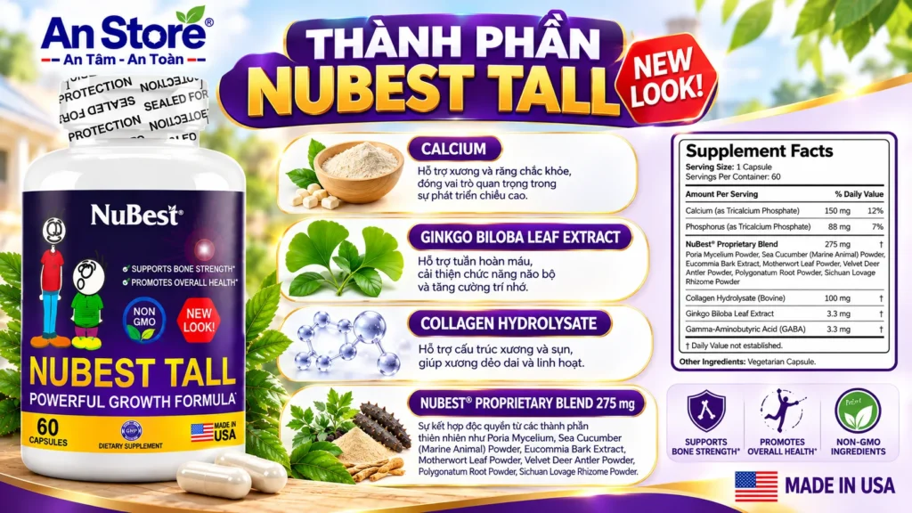 Thành Phần Viên Uống Tăng Chiều Cao NuBest Tall New Look Của Mỹ