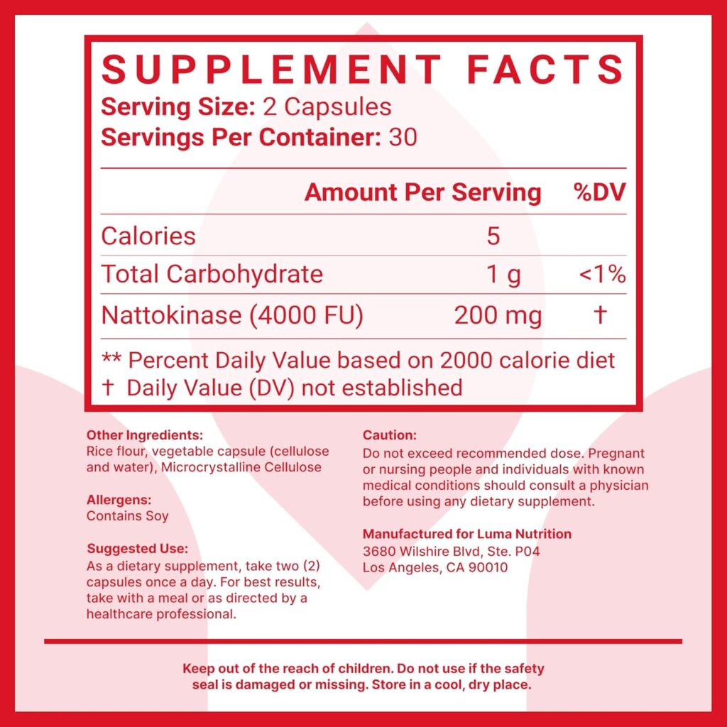 Thành Phần Của Viên Uống Phòng Ngừa Tai Biến Luma Nutrition Nattokinase 4000 FU Của Mỹ