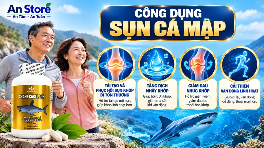 Công Dụng Sụn Cá Mập Nuhealth Shark Cartilage 750mg Tái Tạo Sụn Khớp Và Tăng Dịch Nhầy Khớp