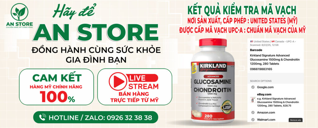 Mã vạch chuẩn UPC-A trên thân chai thuốc bổ khớp Kirkland Glucosamine Mỹ