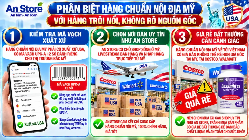 Phân Biệt Cosamin DS Joint Health Chuẩn Nội Địa Mỹ Với Hàng Trôi Nổi, Không Rõ Nguồn Gốc