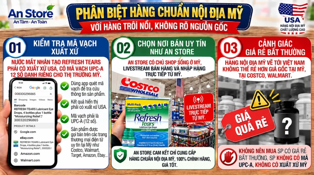 Phân Biệt Nước Mắt Nhân Tạo Refresh Tears Chuẩn Nội Địa Mỹ Với Hàng Trôi Nổi, Không Rõ Nguồn Gốc