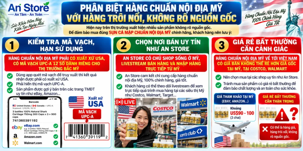 Phân biệt Sụn Cá Mập Nuhealth Shark Cartilage 750mg Chuẩn Nội Địa Mỹ Qua Mã Vạch UPC-A