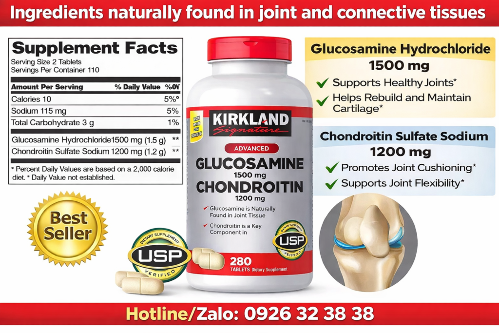 Thành phần hàm lượng có trong mỗi viên bổ khớp Kirkland Glucosamine 1500mg