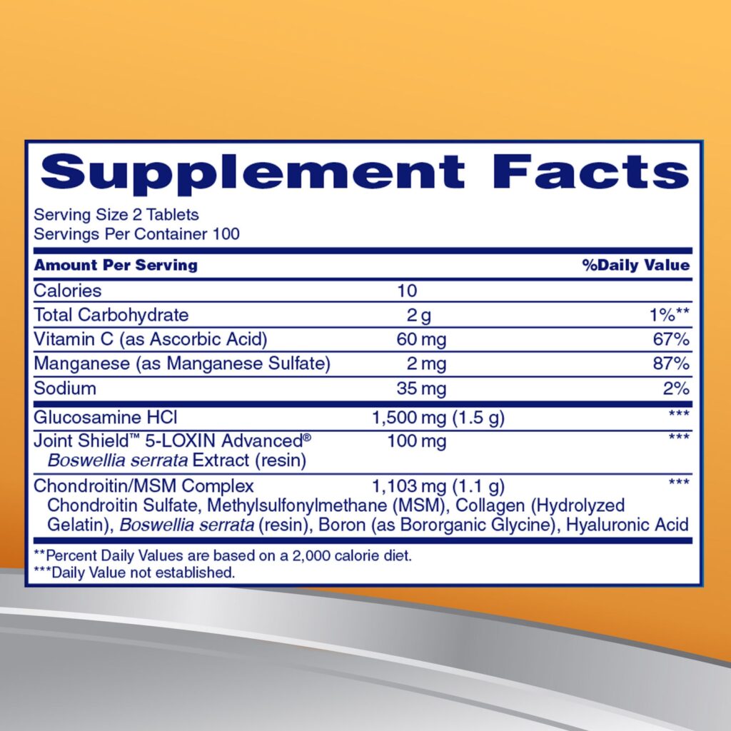 Bảng thành phần Osteo Bi-Flex gồm Joint Shield, 5-LOXIN, Glucosamine và Chondroitin chuẩn Mỹ