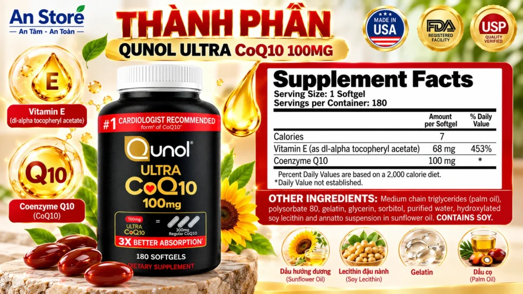 Thành Phần Thuốc Bổ Tim Qunol Ultra CoQ10 100mg 180 Viên Của Mỹ