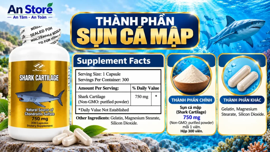 Thành Phần Viên Uống Sụn Cá Mập Nuhealth Shark Cartilage 750mg Của Mỹ