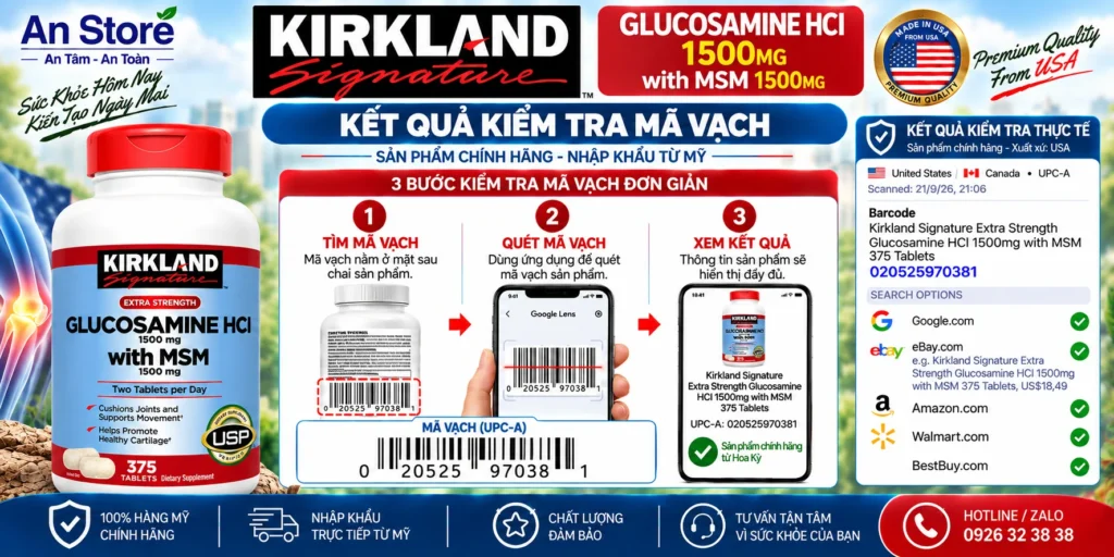 Bổ Khớp Kirkland Glucosamine HCL 1500mg Do An Store Cung Cấp Luôn Có Mã Vạch Chuẩn Mỹ UPC-A