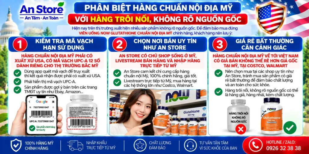 Phân biệt Viên Uống Trắng Da Now Glutathione 500mg Chuẩn Nội Địa Mỹ Qua Mã Vạch UPC-A