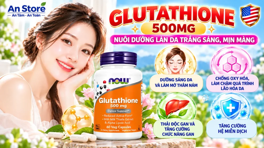Bổ Sung Now Glutathione 500mg Giúp Da Trắng Sáng Từ Sâu Bên Trong.
