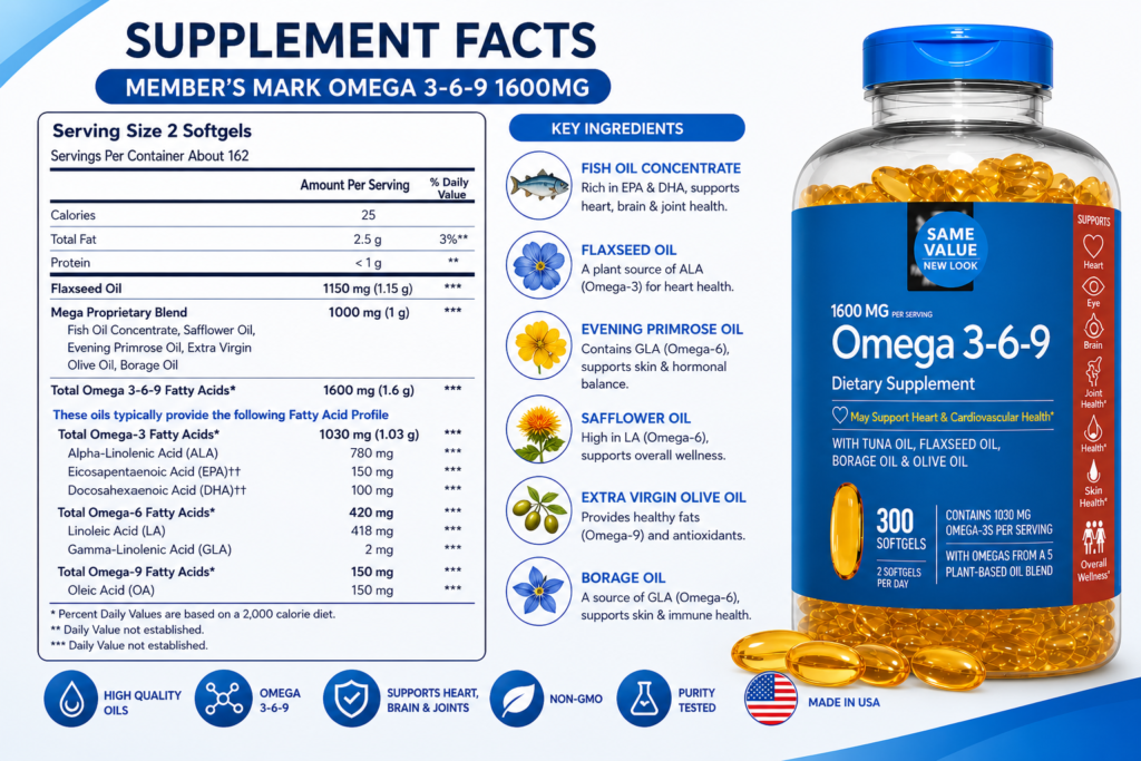 Thành Phần Chi Tiết Trong Dầu Cá Member’s Mark Omega 3-6-9 1600mg Của Mỹ