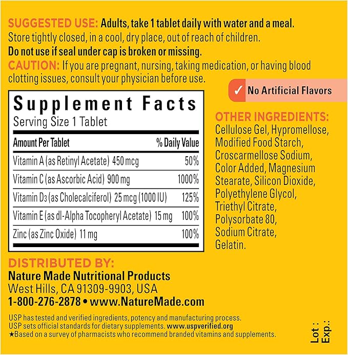 Thành Phần Của Viên Uống Nature Made Super C With Vitamin D3 & Zinc Của Mỹ