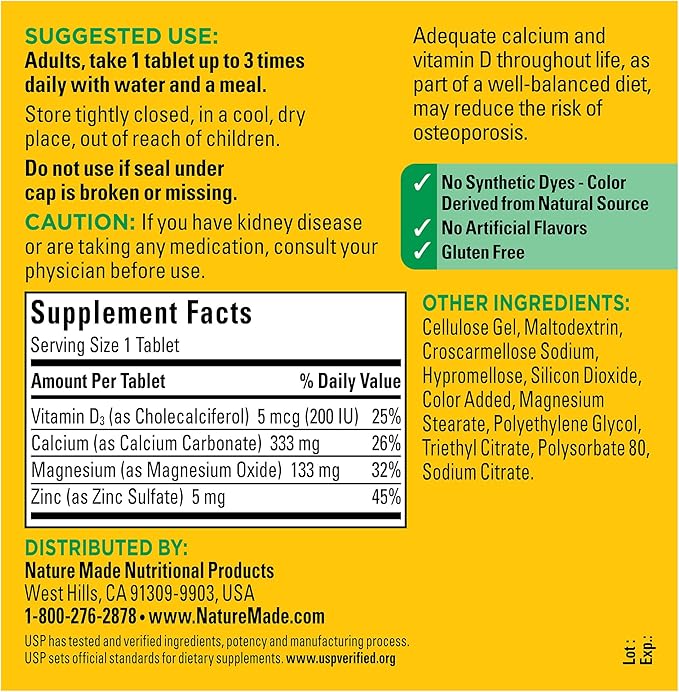 Thành Phần Viên Uống Nature Made Calcium Magnesium Zinc with Vitamin D3 Của Mỹ