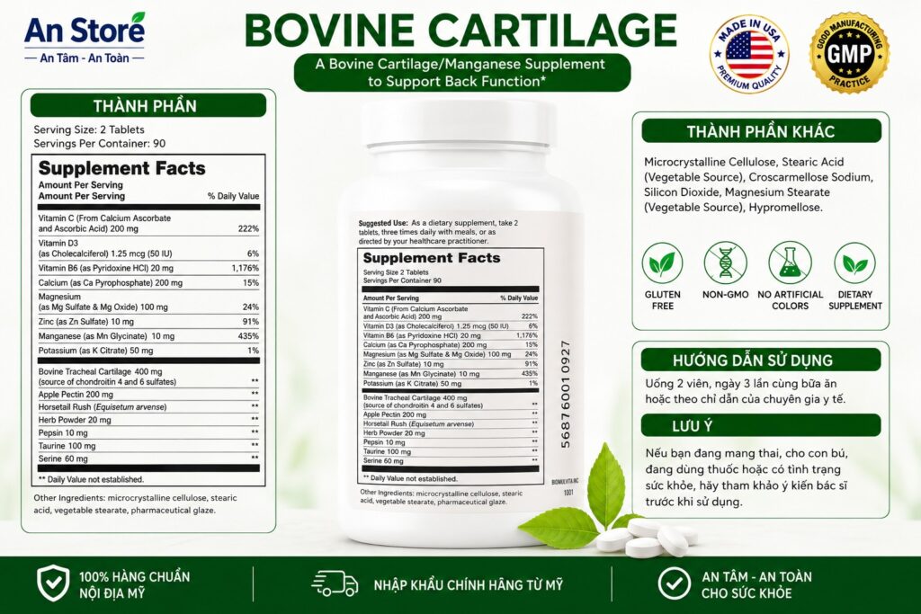 Bảng Thành Phần Sụn Bò Rừng Bovine Cartilage 180 Viên Nội Địa Mỹ
