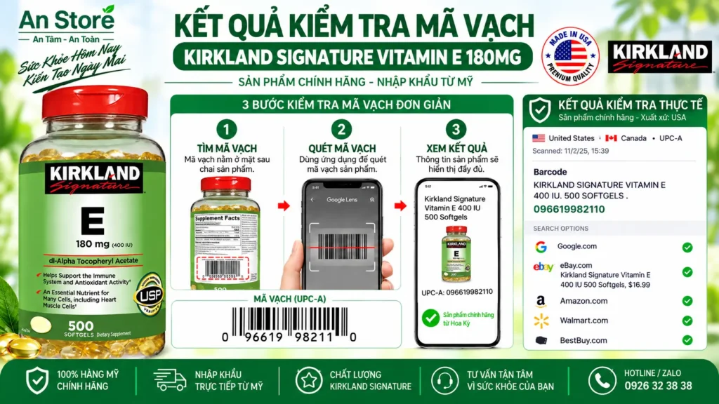 Vitamin E Kirkland 180mg Do An Store Cung Cấp Luôn Có Mã Vạch Chuẩn Mỹ UPC-A