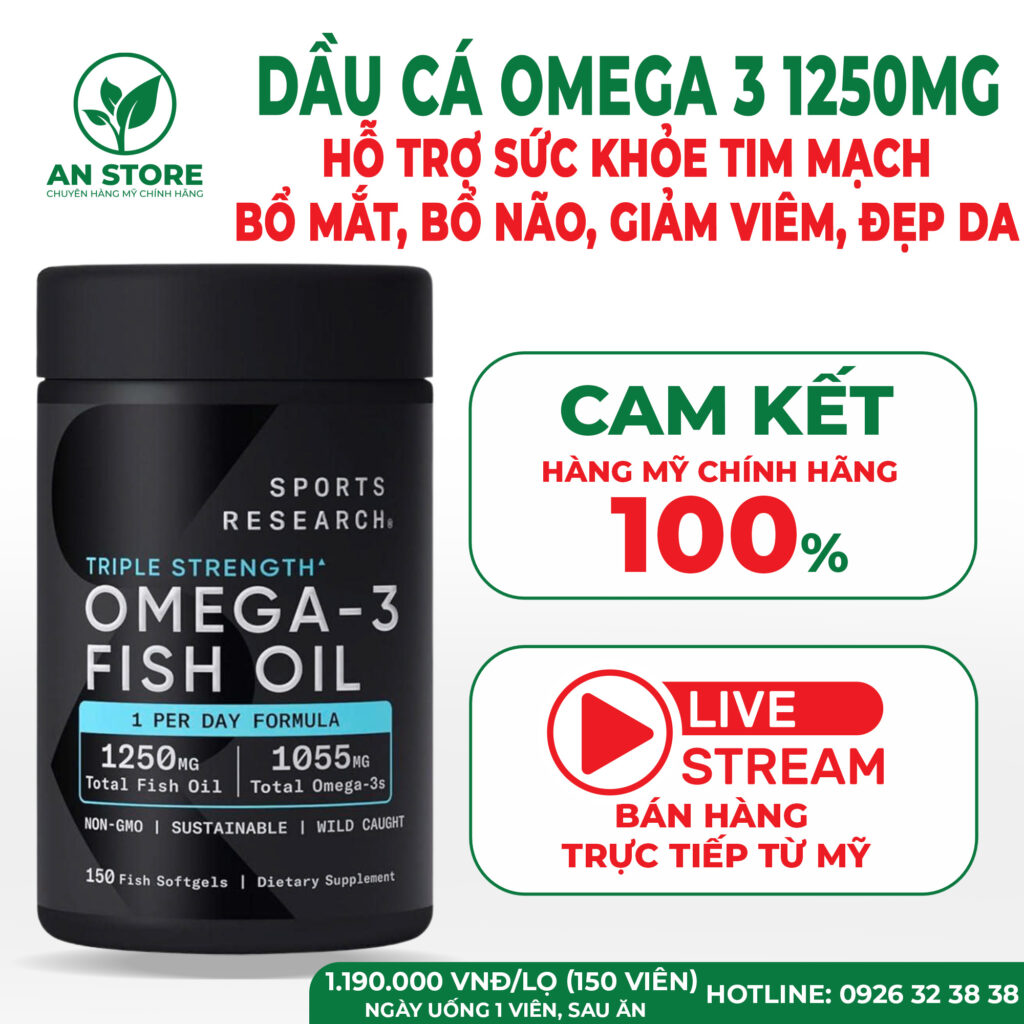 Dầu Cá Omega-3 Của Mỹ Sports Research Omega-3 Fish Oil 1250mg