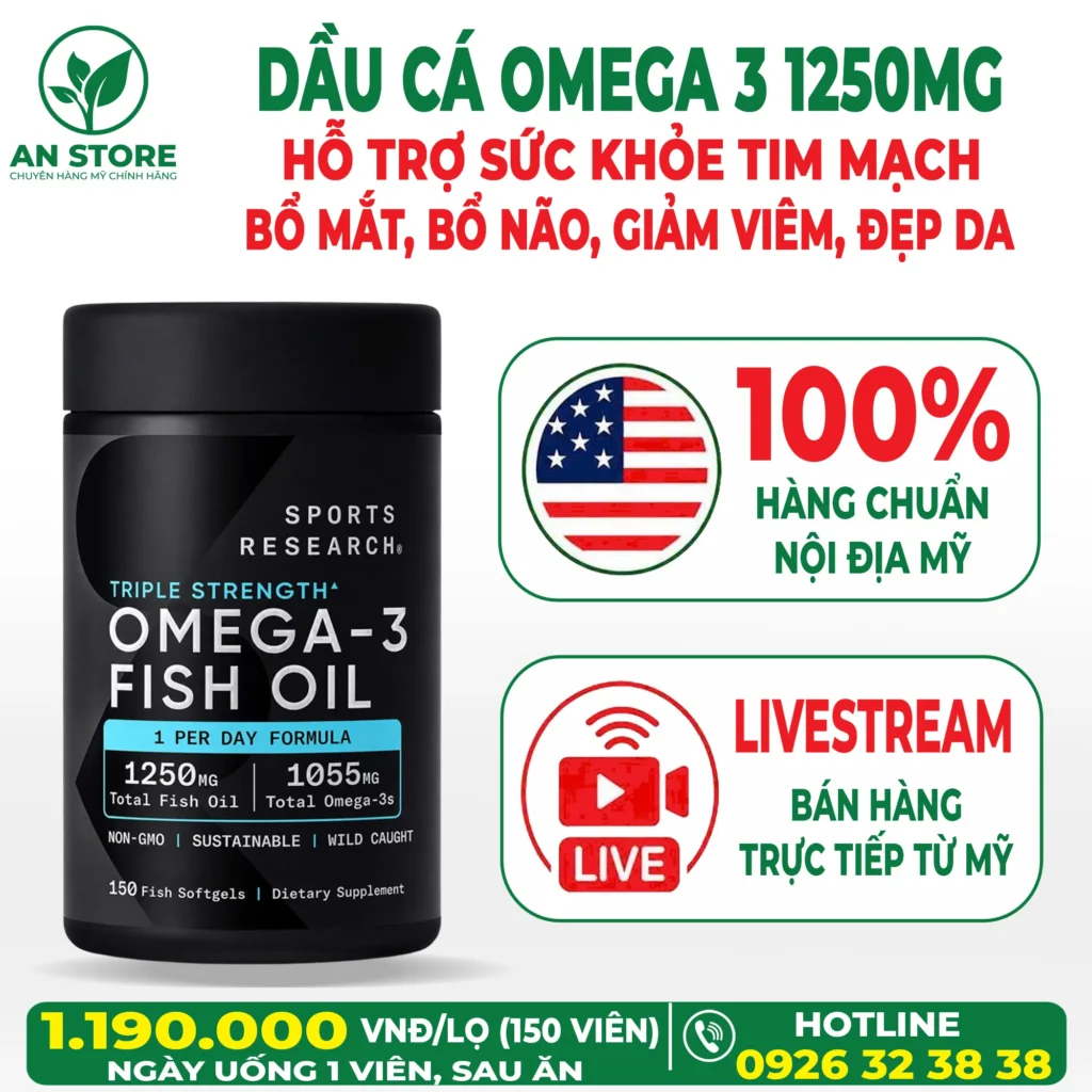 Dầu Cá Sports Research Omega-3 Fish Oil 1250mg Của Mỹ