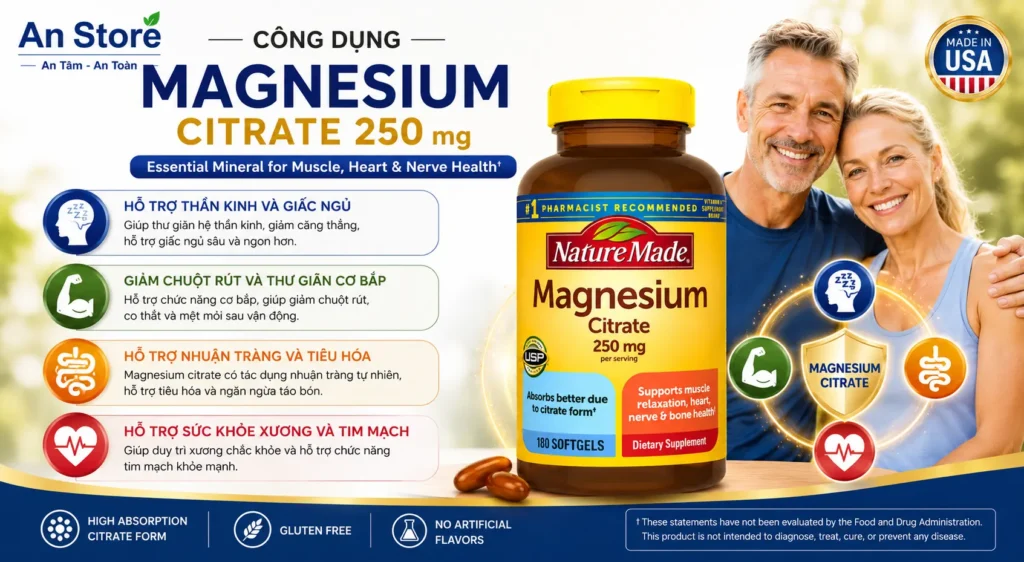 Công Dụng Viên Uống Magie Hữu Cơ Magnesium Citrate 250mg Hỗ Trợ Thần Kinh Và Giấc Ngủ