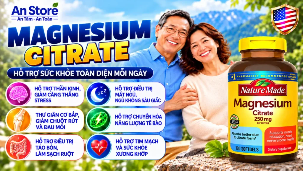 Công Dụng Viên Uống Magie Hữu Cơ Nature Made Magnesium Citrate 250mg