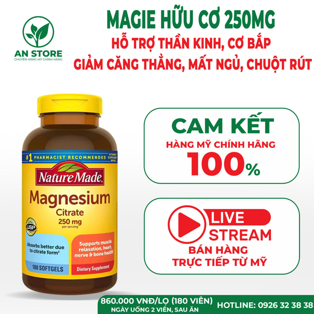 Viên Uống Magie Hữu Cơ Magnesium Citrate 250mg Của Mỹ