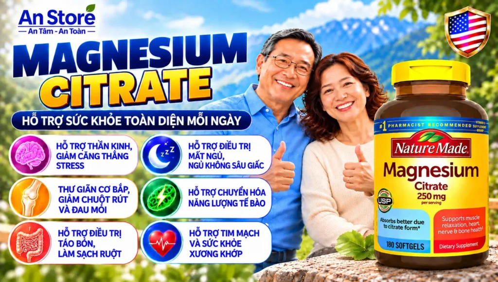 Magie Hữu Cơ Nature Made Magnesium Citrate 250mg Của Mỹ Hộp 180 Viên Chính Hãng