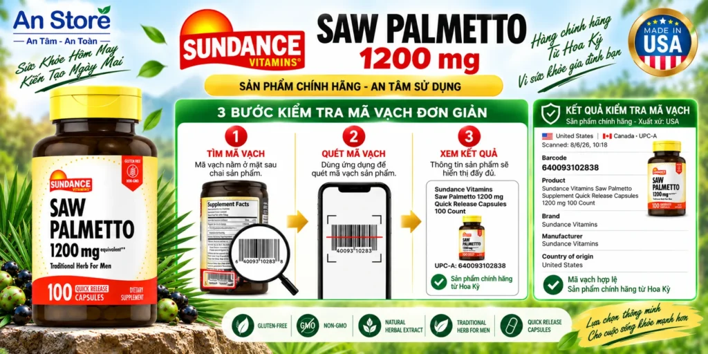 Sundance Saw Palmetto 1200mg Do An Store Cung Cấp Luôn Có Mã Vạch Chuẩn Mỹ UPC-A