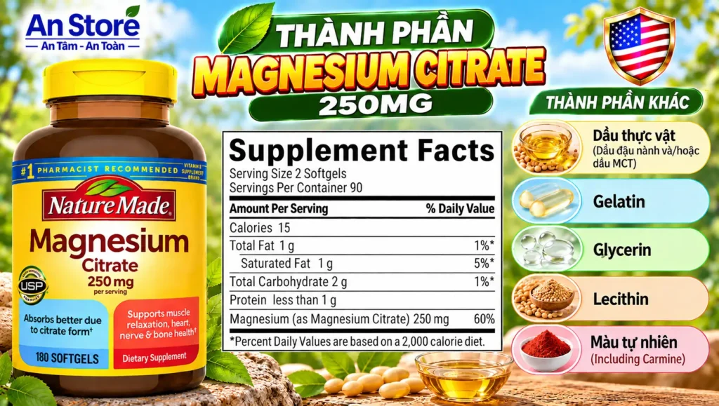 hành Phần Viên Uống Magie Hữu Cơ Nature Made Magnesium Citrate 250mg
