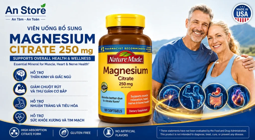 Viên uống Magie Hữu Cơ Magnesium Citrate 250mg Của Mỹ Giúp Thư Giãn Thần Kinh Và Cải Thiện Giấc Ngủ.