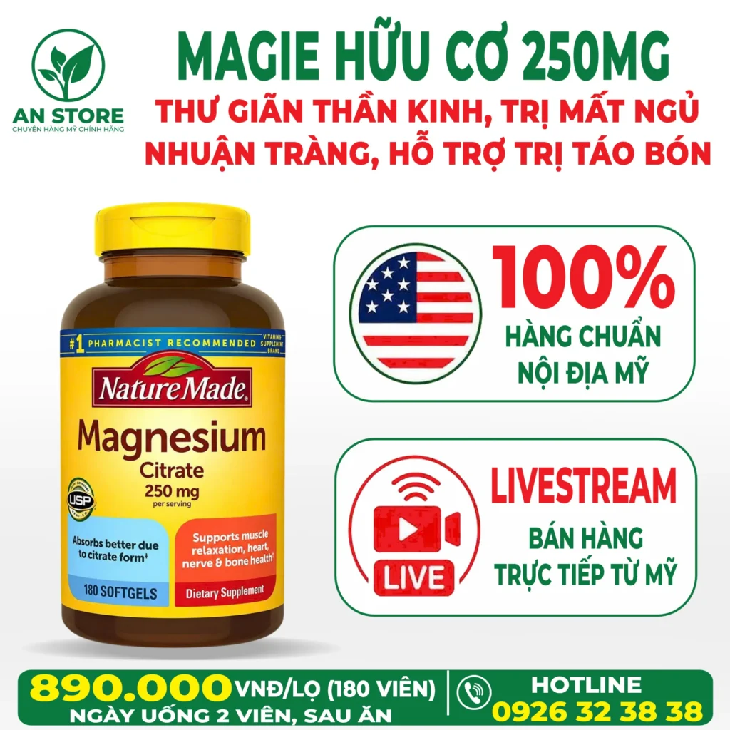 Viên Uống Magie Hữu Cơ Magnesium Citrate 250mg Của Mỹ