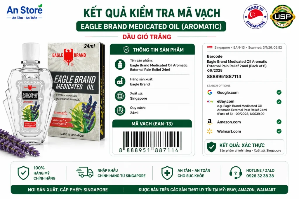 Dầu Gió Singapore 2 Nắp Cho Thị Trường Mỹ, Được Bán Trên Các Trang TMĐT Uy Tín Tại Mỹ