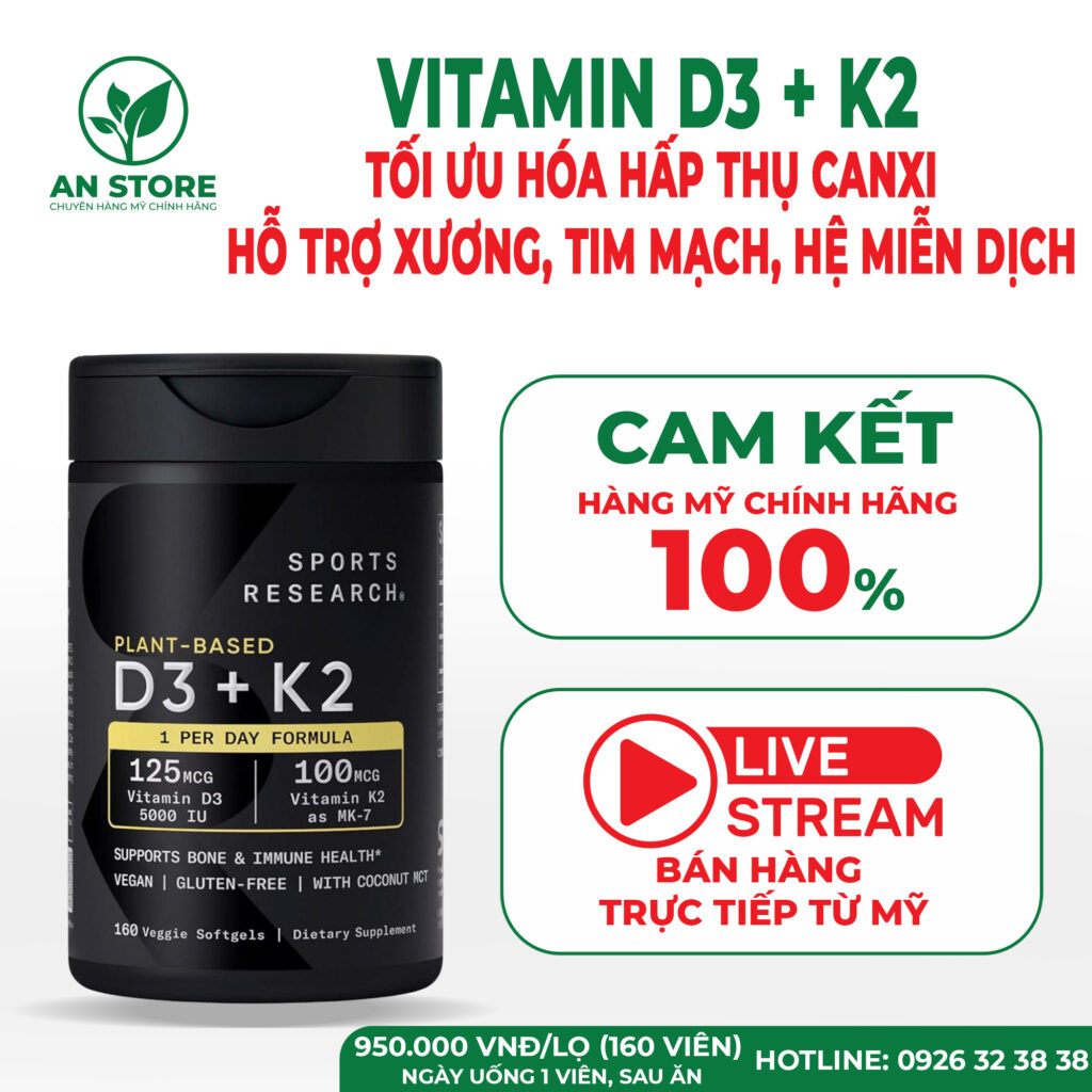 Sports Research Vitamin D3 + K2 160 Viên Của Mỹ